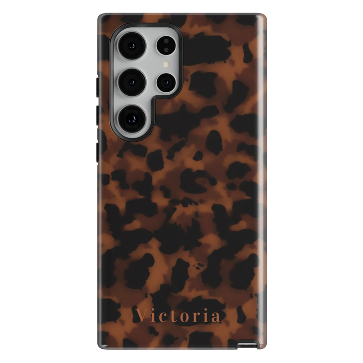 Personalized tortoiseshell Samsung Galaxy case with custom name, glossy brown tortoise shell phone cover