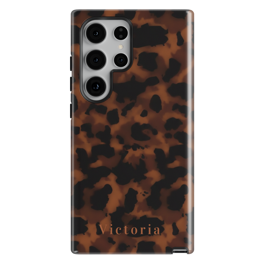 Personalized tortoiseshell Samsung Galaxy case with custom name, glossy brown tortoise shell phone cover