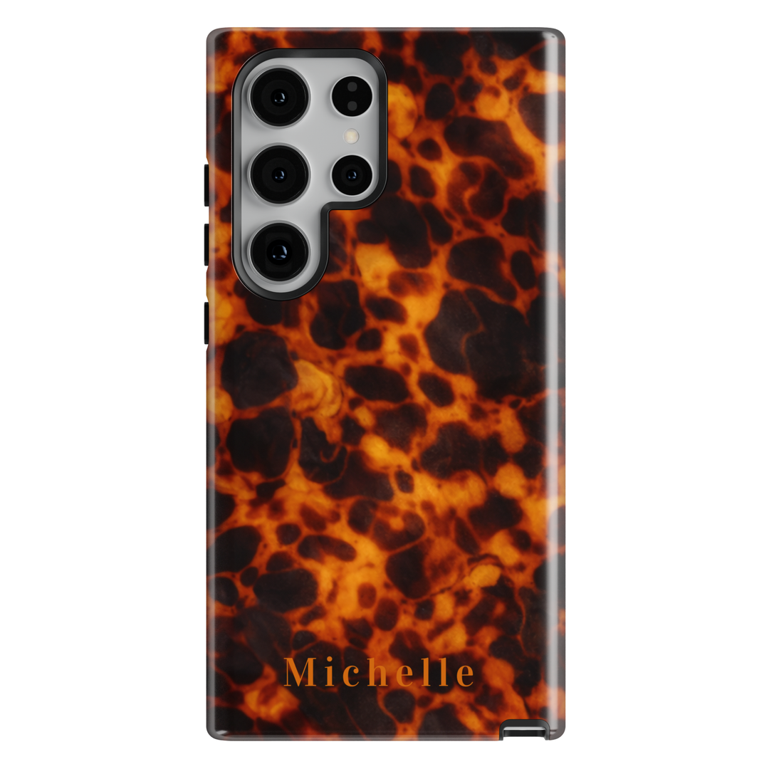 Personalized dark tortoiseshell phone case with custom name Michelle, glossy luxury design for iPhone and Samsung Galaxy