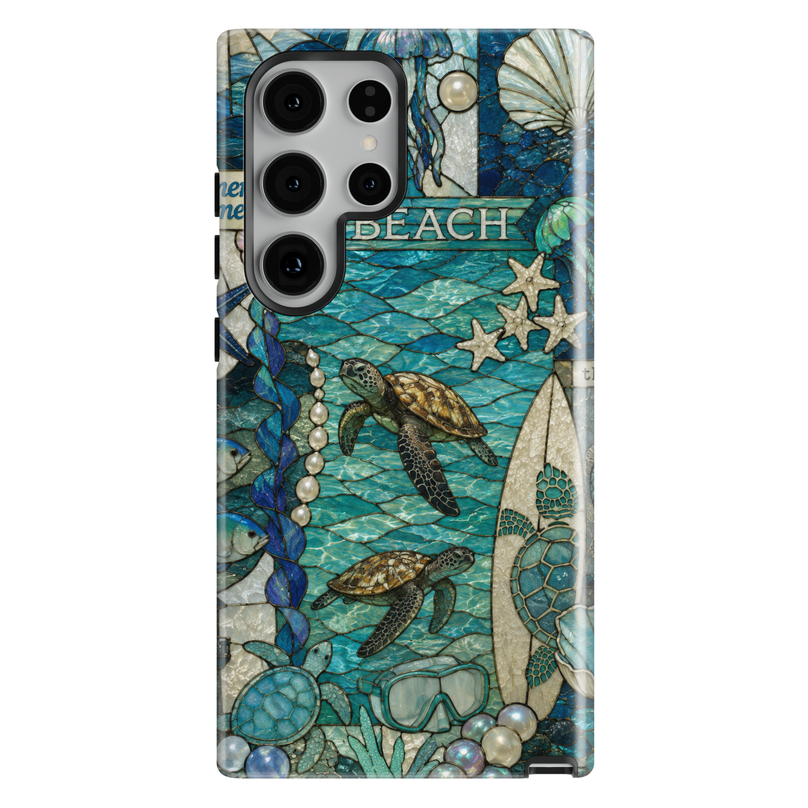 Coastal Samsung Galaxy S26 Ultra phone case with sea turtles, ocean waves, shells, and beach-inspired stained glass artwork.
