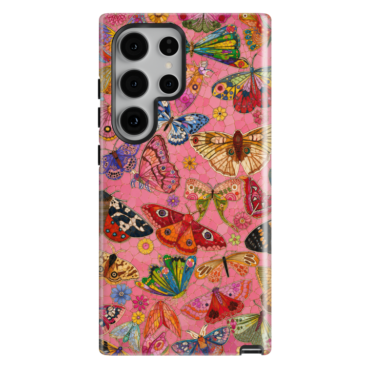 Pink Samsung Galaxy case featuring colorful butterflies, moths, flowers, and whimsical botanical artwork.