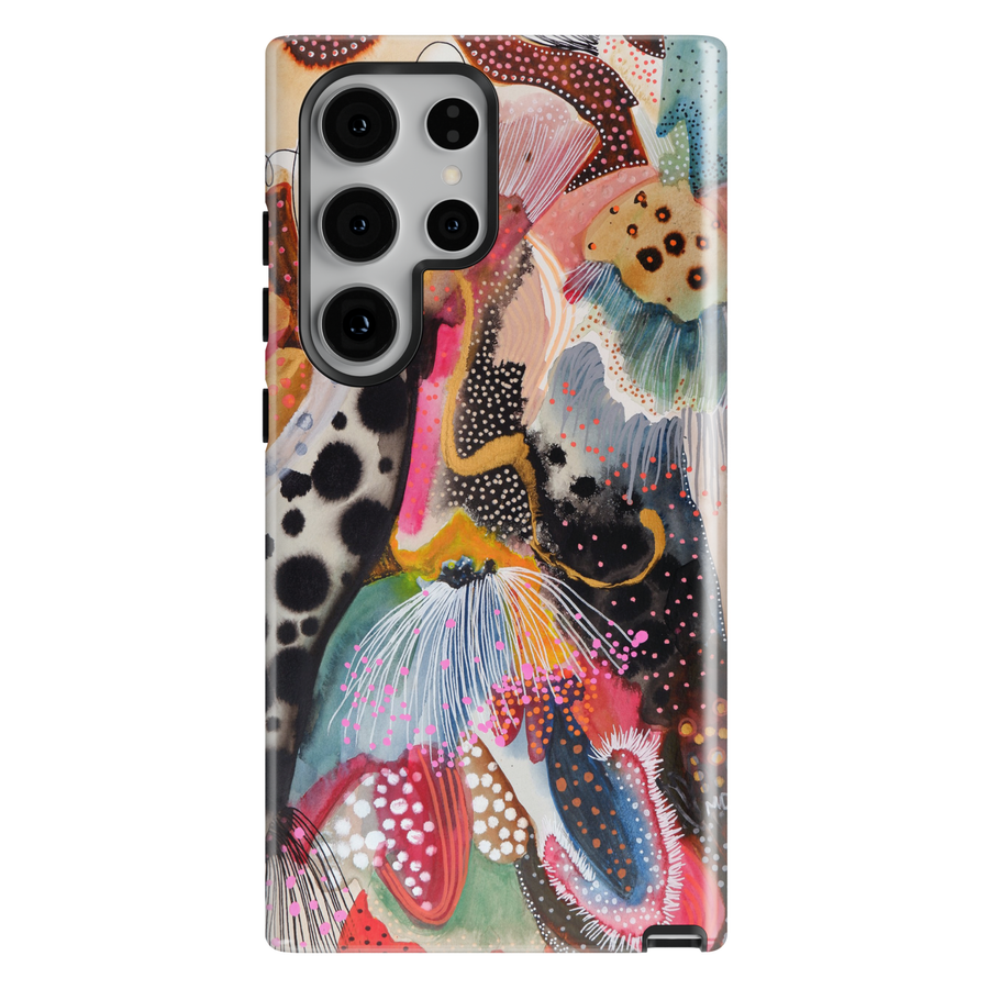 Colorful abstract Samsung Galaxy case featuring playful squiggles, organic shapes, vibrant patterns, and modern artistic design.