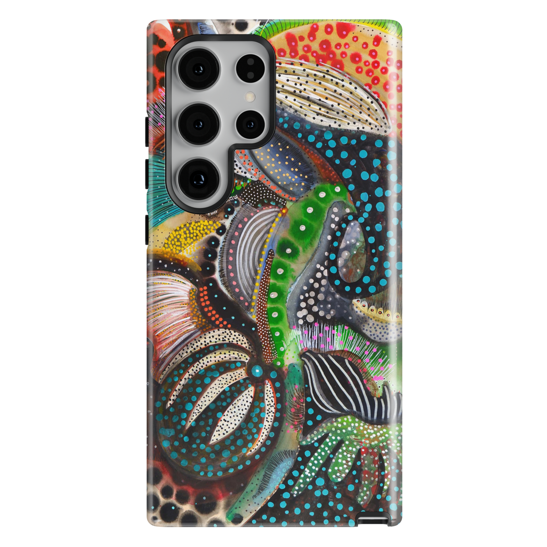 Colorful abstract Samsung Galaxy case featuring playful squiggles, organic shapes, vibrant patterns, and modern artistic design.