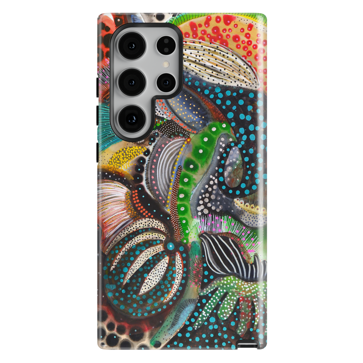 Colorful abstract Samsung Galaxy case featuring playful squiggles, organic shapes, vibrant patterns, and modern artistic design.