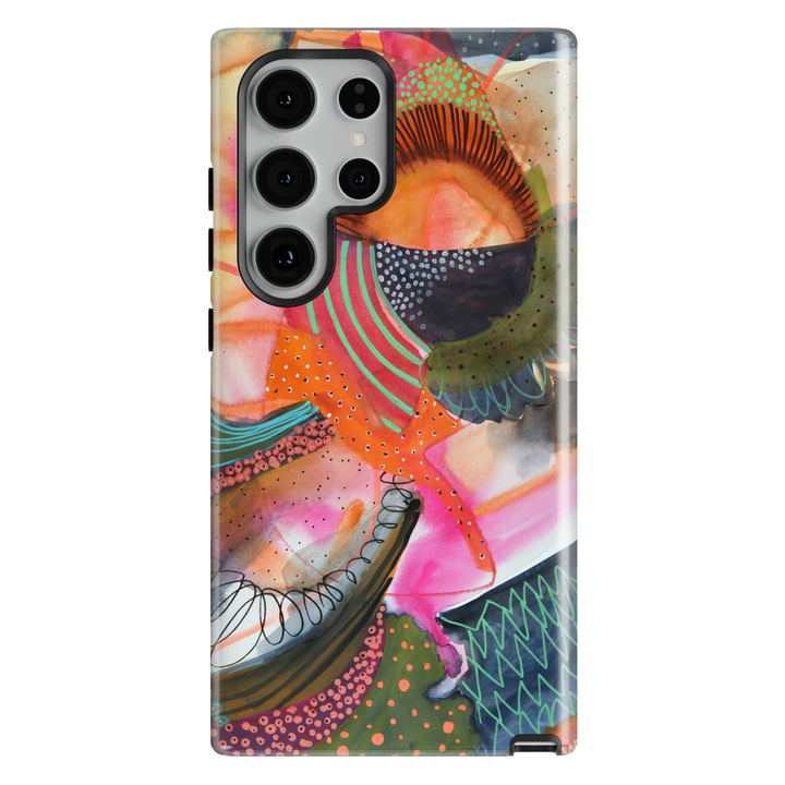 Colorful abstract Samsung Galaxy case featuring playful squiggles, organic shapes, vibrant patterns, and modern artistic design.