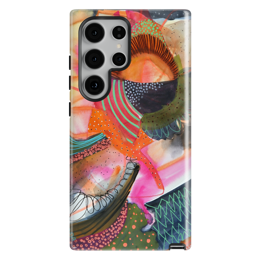 Colorful abstract Samsung Galaxy case featuring playful squiggles, organic shapes, vibrant patterns, and modern artistic design.