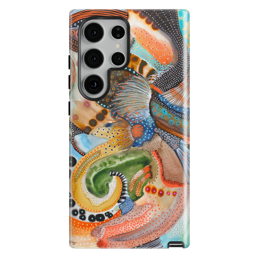 Colorful abstract Samsung Galaxy case featuring playful squiggles, organic shapes, vibrant patterns, and modern artistic design.