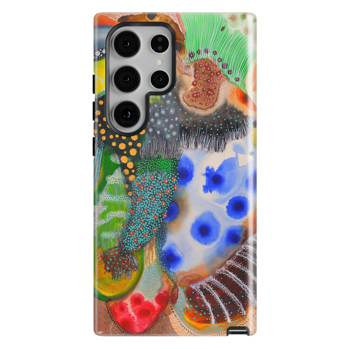 Abstract woman Samsung Galaxy case featuring colorful artistic portrait with boho-inspired patterns and modern contemporary artwork.