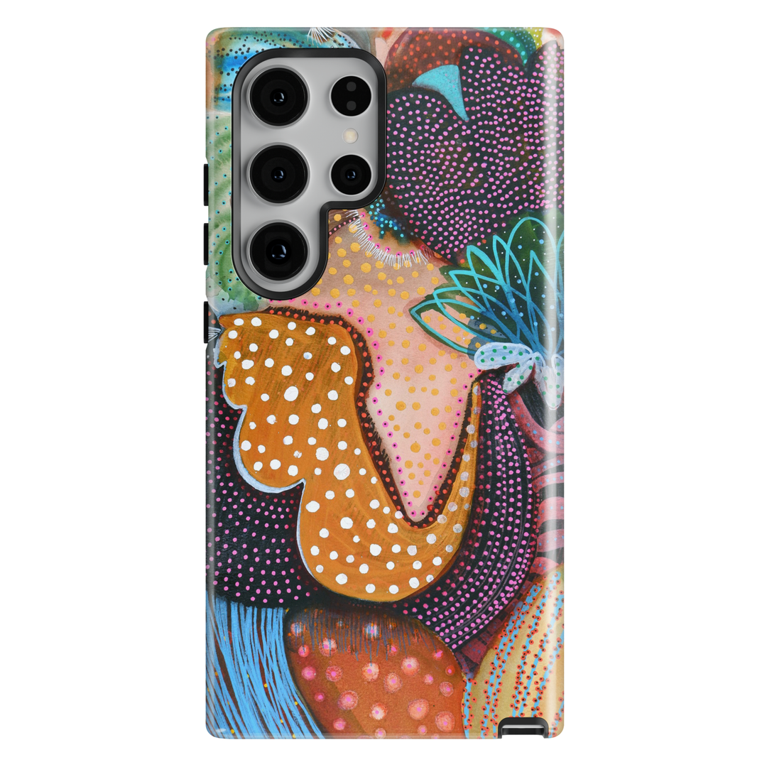 Abstract woman Samsung Galaxy case featuring colorful artistic portrait with boho-inspired patterns and modern contemporary artwork.
