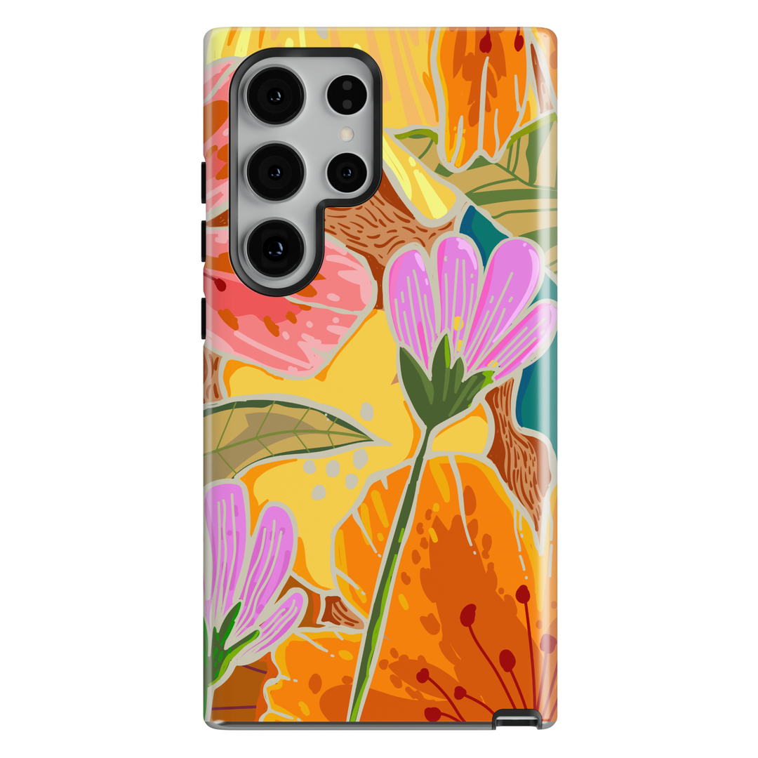 Colorful floral Samsung Galaxy case featuring oversized wildflowers, botanical leaves, and bright modern floral artwork.