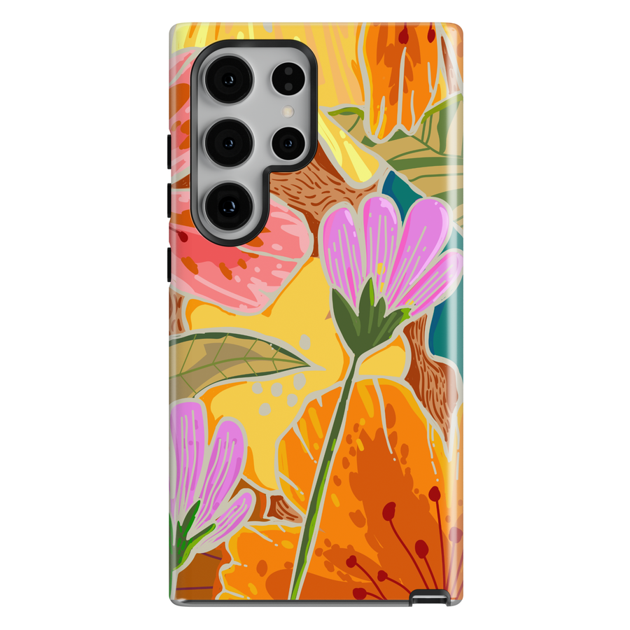 Colorful floral Samsung Galaxy case featuring oversized wildflowers, botanical leaves, and bright modern floral artwork.