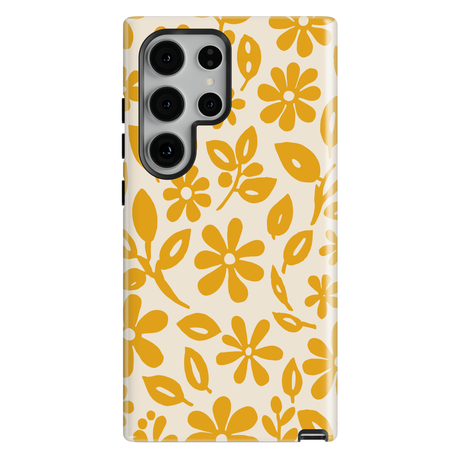 Minimalist yellow floral iPhone case featuring retro daisy flowers and botanical leaf pattern on a cream background.