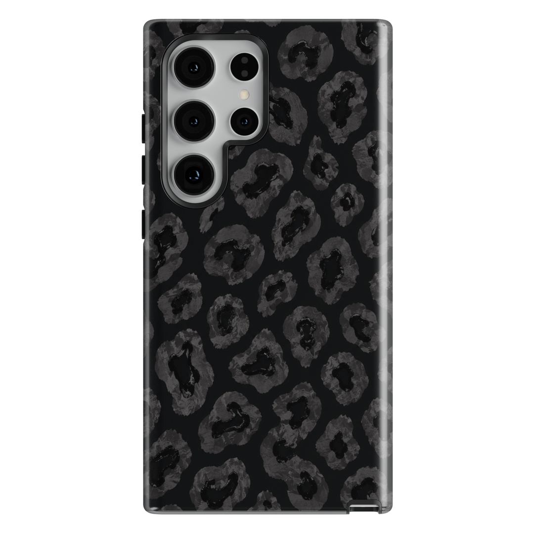 Black Prowl Samsung Galaxy case leopards and botanical details on a black background.