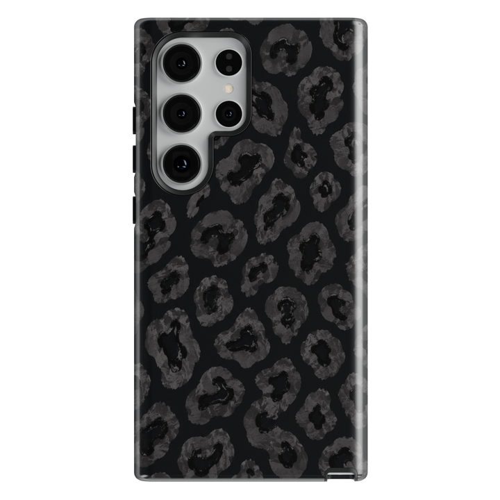 Black Prowl Samsung Galaxy case leopards and botanical details on a black background.