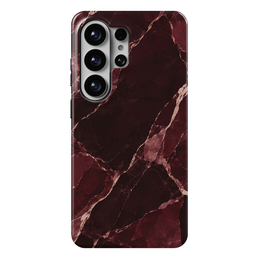 After Hours Samsung Galaxy S26 Ultra case featuring deep burgundy, wine red and oxblood marble with blush pink and rose-colored veining, an elegant luxury Galaxy S26 Ultra tough phone case with dark marble design for Samsung Galaxy S26, S26 Plus and S26 Ultra.