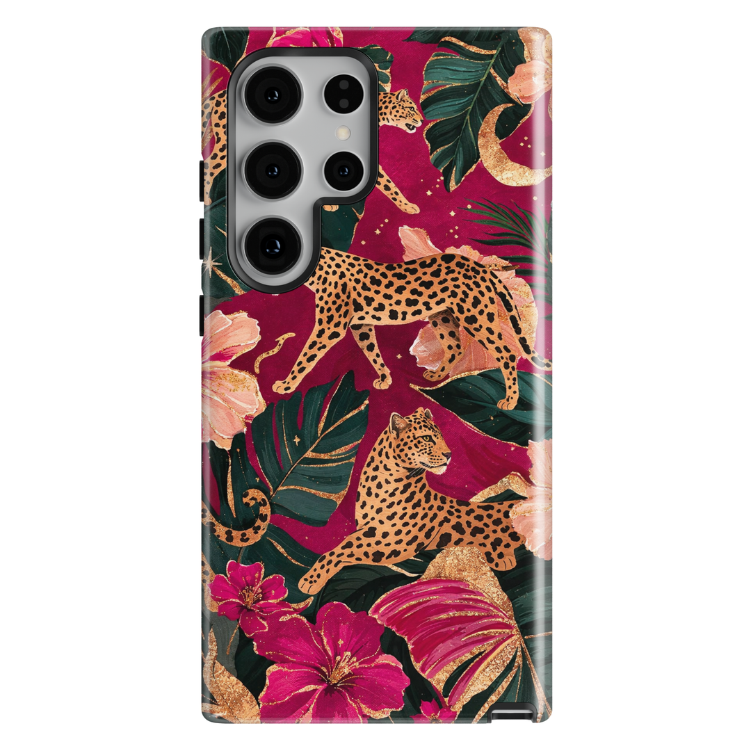Leopard floral jungle phone case with pink flowers and green leaves aesthetic girly luxury case for iPhone 17 Pro Max and Samsung Galaxy S26 Ultra.