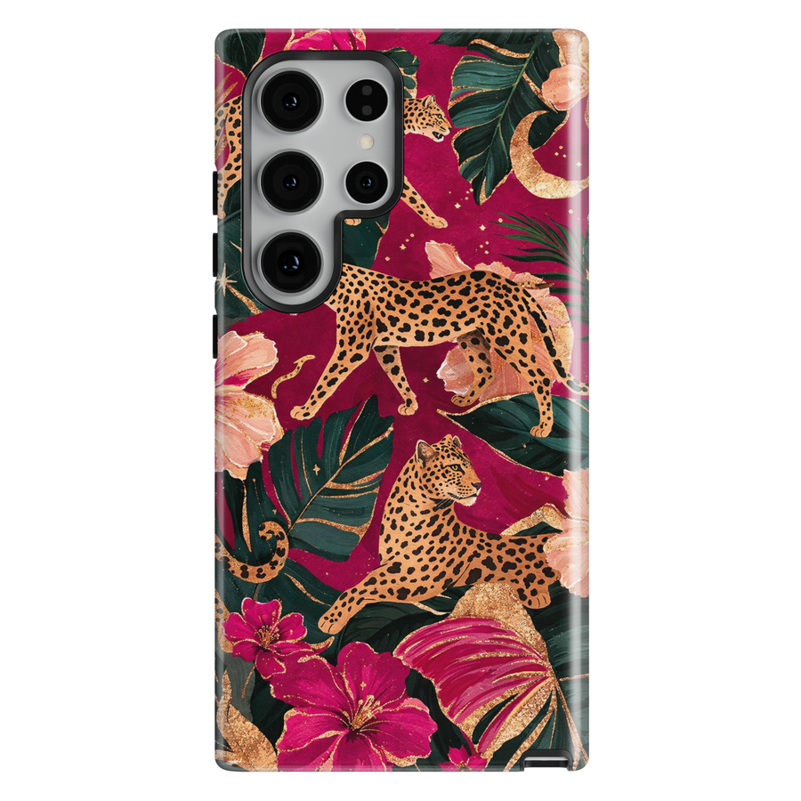 Leopard floral jungle phone case with pink flowers and green leaves aesthetic girly luxury case for iPhone 17 Pro Max and Samsung Galaxy S26 Ultra.