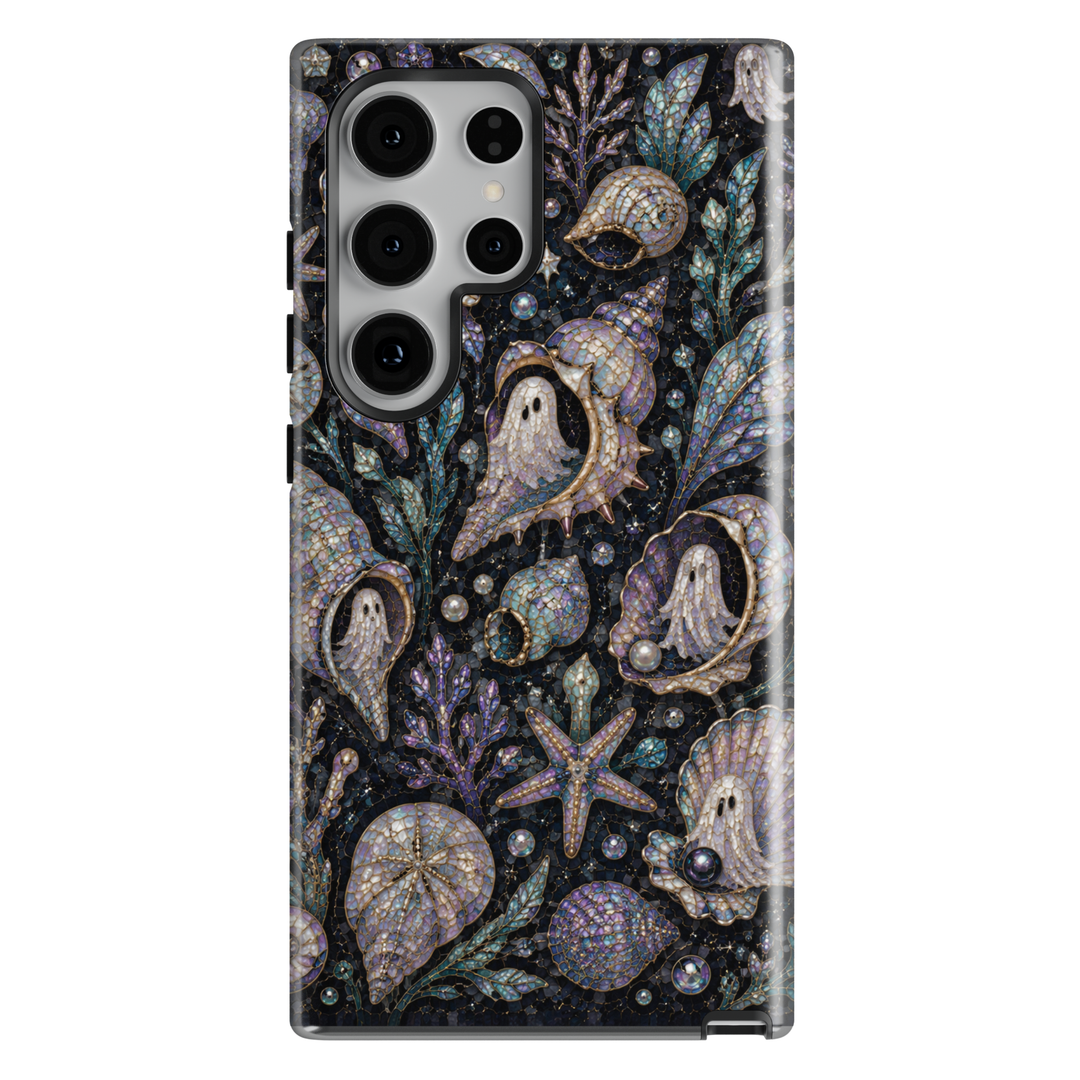 Samsung Galaxy case featuring pearl ghosts inside seashells with starfish, pearls, coral, and luxurious coastal Halloween artwork.