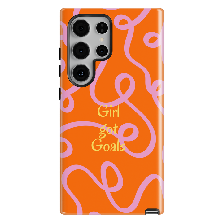 Girl got goals phone case with bold orange background and pink abstract pattern for iPhone and Samsung Galaxy motivational aesthetic protective case.