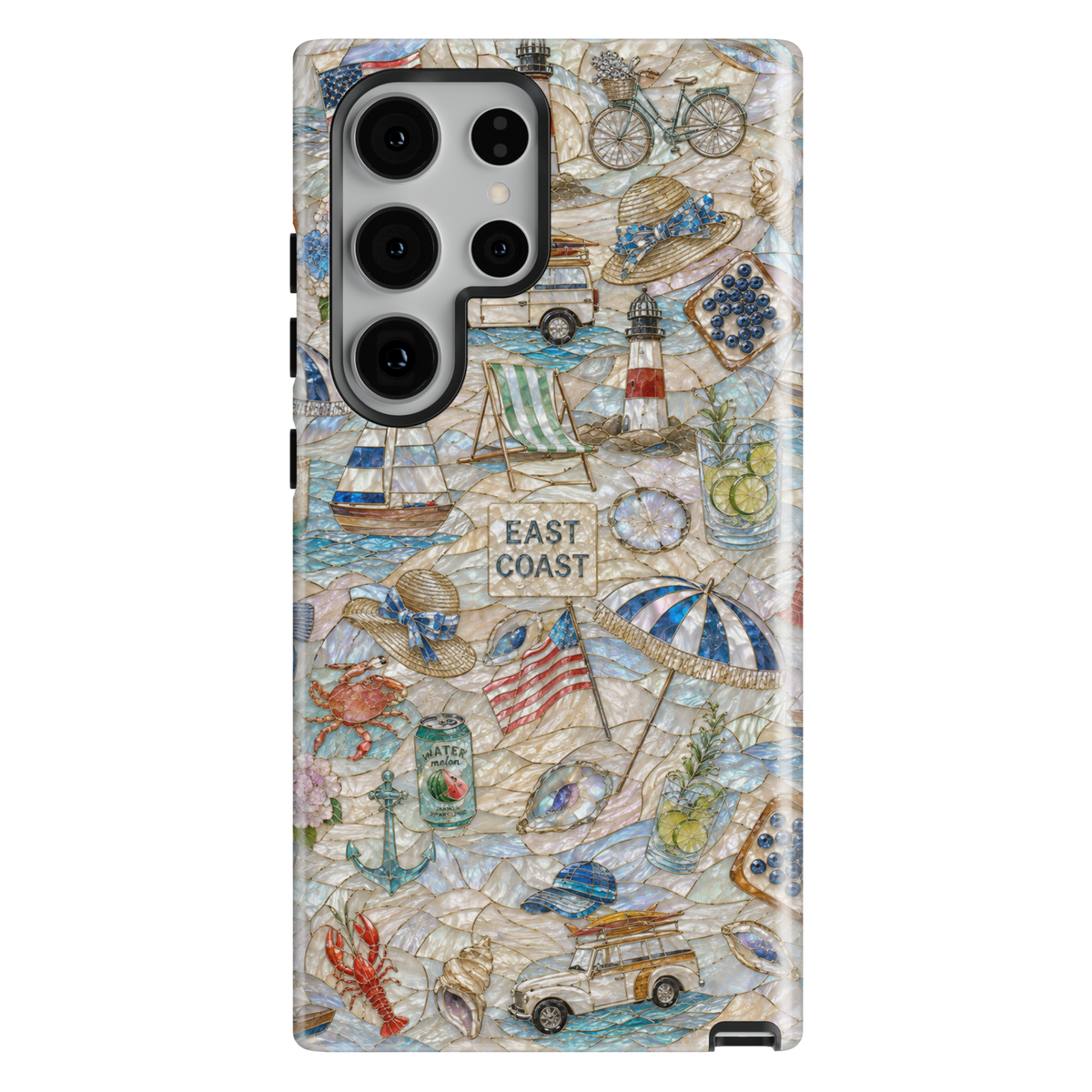 Coastal Samsung Galaxy case featuring ocean waves, tropical beach scenery, seashells, pearl accents, palm trees, and seaside sunset artwork.