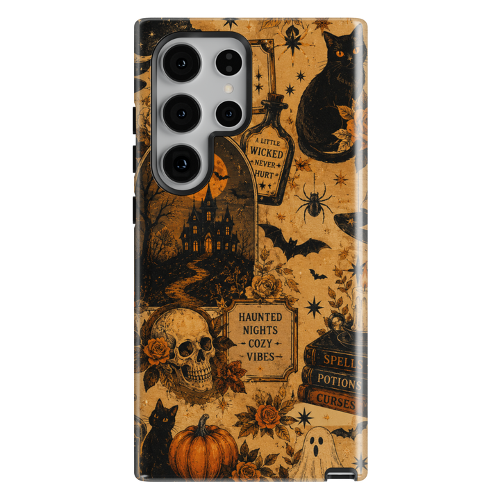 Vintage Halloween phone case for iPhone and Samsung Galaxy featuring black cats, ghosts, pumpkins, skull, bats, haunted house, potions and gothic illustrations in orange and black.
