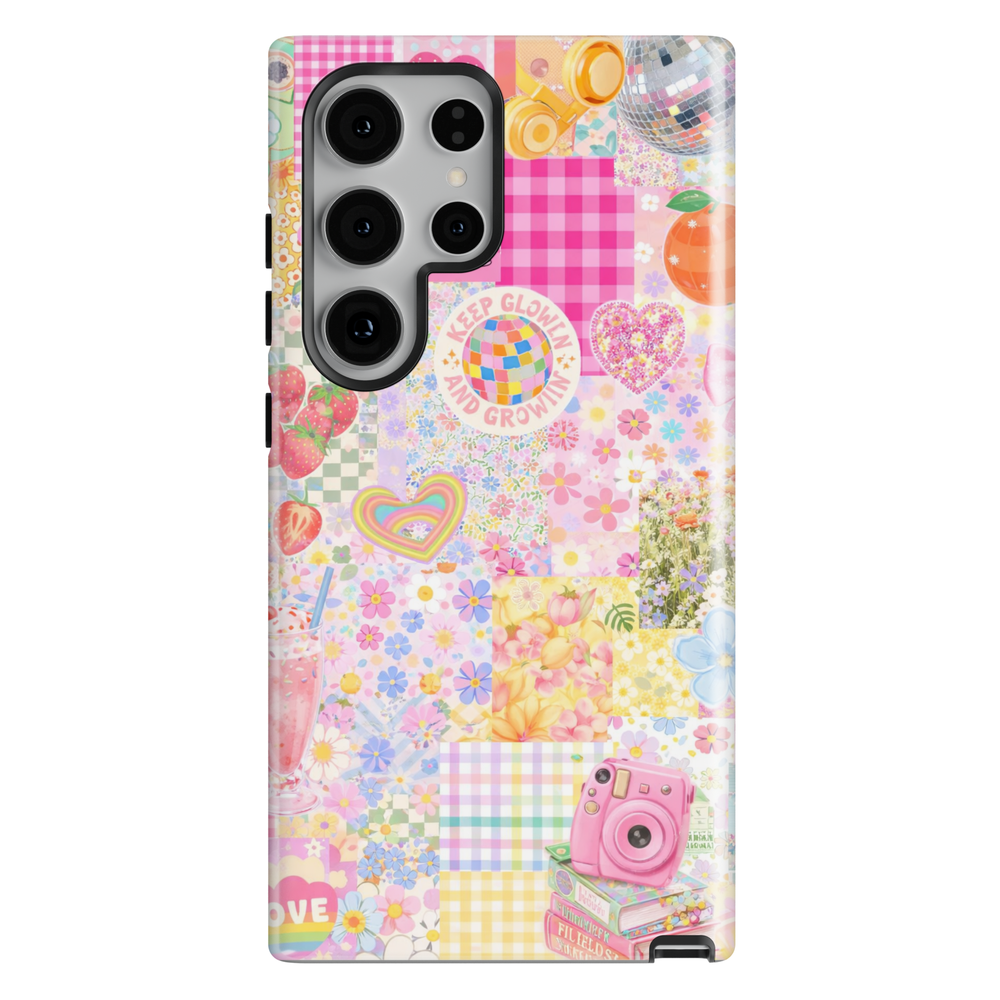 Cute pastel collage Samsung Galaxy S26 case with retro flowers rainbow hearts strawberries and aesthetic patchwork protective tough case for Samsung Galaxy S26 Ultra, Galaxy S26 Plus, Galaxy S25 Ultra, Galaxy S25 Plus