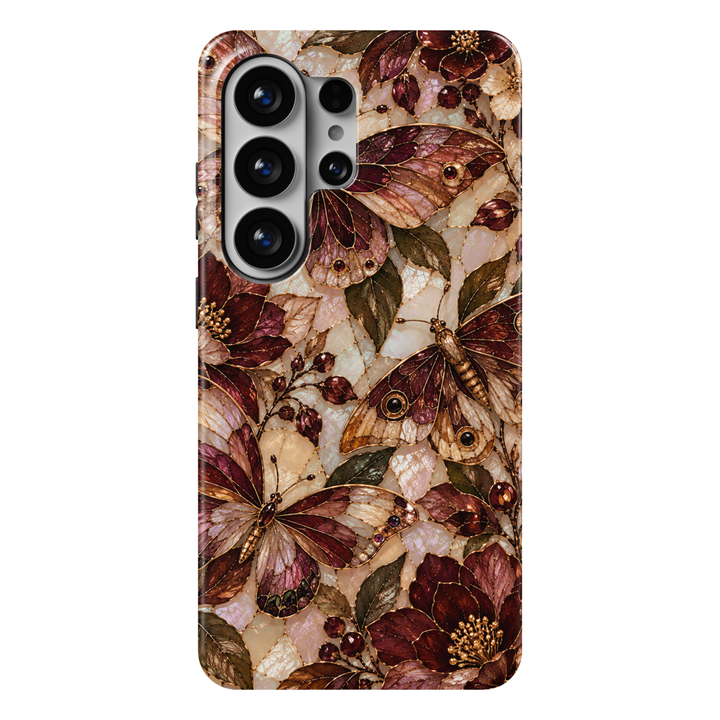 Cabernet Butterfly Samsung Galaxy S26 Ultra case featuring stained-glass-inspired butterflies and moths in cabernet, burgundy, champagne and bronze with olive foliage, jewel-like berries and antique-gold detailing, a luxurious tough Samsung Galaxy butterfly phone case.