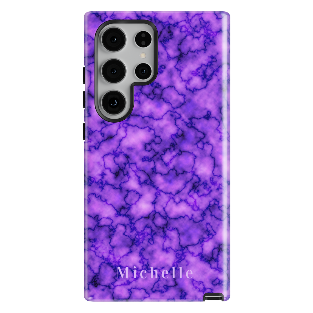 Personalized purple marble phone case with custom name Michelle, glossy lavender design for iPhone and Samsung Galaxy