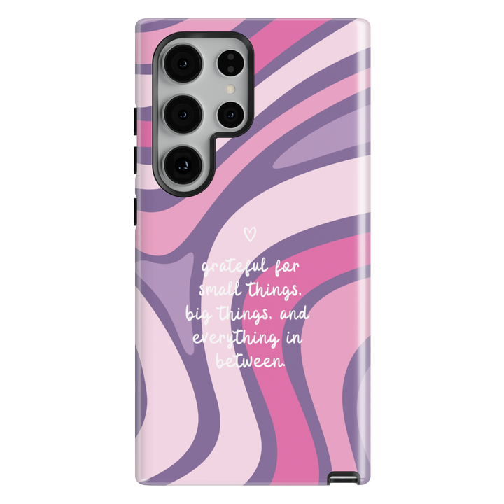 Gratitude quote phone case with pink purple wavy aesthetic background for iPhone and Samsung Galaxy protective case with inspirational message.