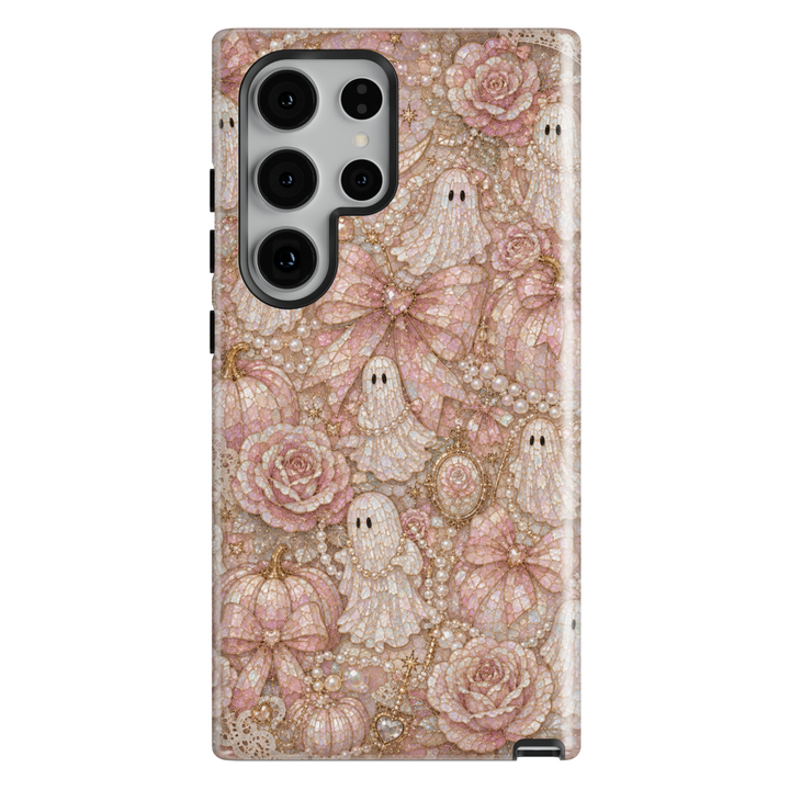 Samsung Galaxy phone case featuring cute ghosts, blush pink bows, pastel pumpkins, roses, pearls, and coquette Halloween artwork.