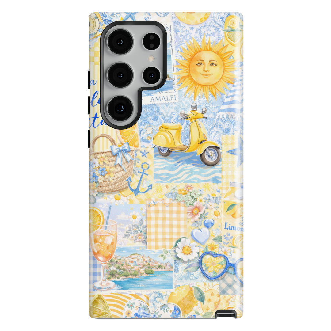 Italian summer Amalfi Coast collage Samsung Galaxy S26 case with lemons, vespa scooter and coastal travel aesthetic protective tough case for Samsung Galaxy S26 Ultra, Galaxy S26 Plus, Galaxy S25 Ultra, Galaxy S25 Plus