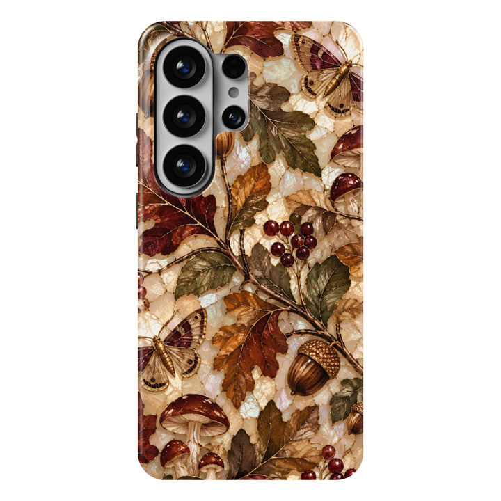 Enchanted Acorn Samsung Galaxy S26 Ultra case featuring stained-glass-inspired acorns, woodland mushrooms, moths, red berries and autumn leaves in chestnut, burgundy, amber and olive over a luminous pearlescent background, a whimsical tough Samsung Galaxy fall phone case.