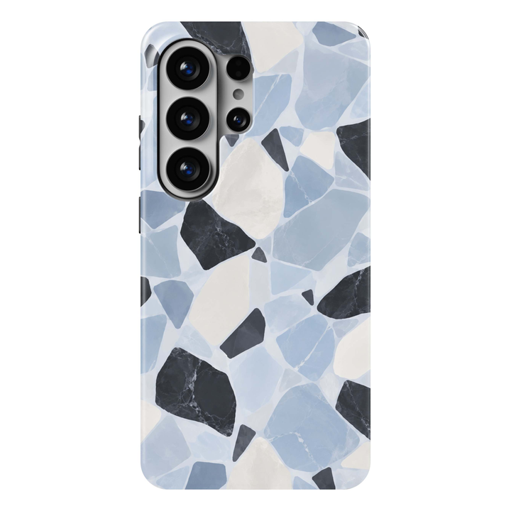Cold Stone Samsung Galaxy S26 Ultra case featuring an icy blue, powder blue, cream, white and charcoal terrazzo stone pattern with subtle marble textures, a modern Galaxy S26 Ultra tough phone case with mosaic design for Samsung Galaxy S26, S26 Plus and S26 Ultra.