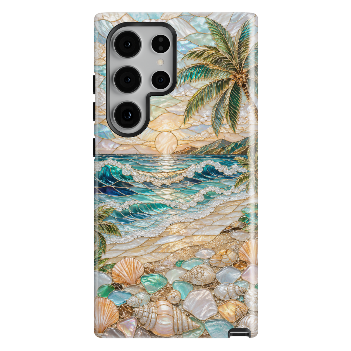 Coastal Samsung Galaxy case featuring ocean waves, tropical beach scenery, seashells, pearl accents, palm trees, and seaside sunset artwork.