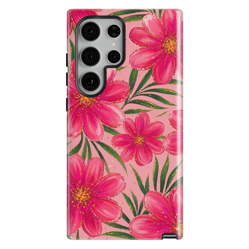 Pink floral Samsung Galaxy S26 Ultra case with bold hot pink flowers and green leaves on blush background, protective aesthetic phone case.