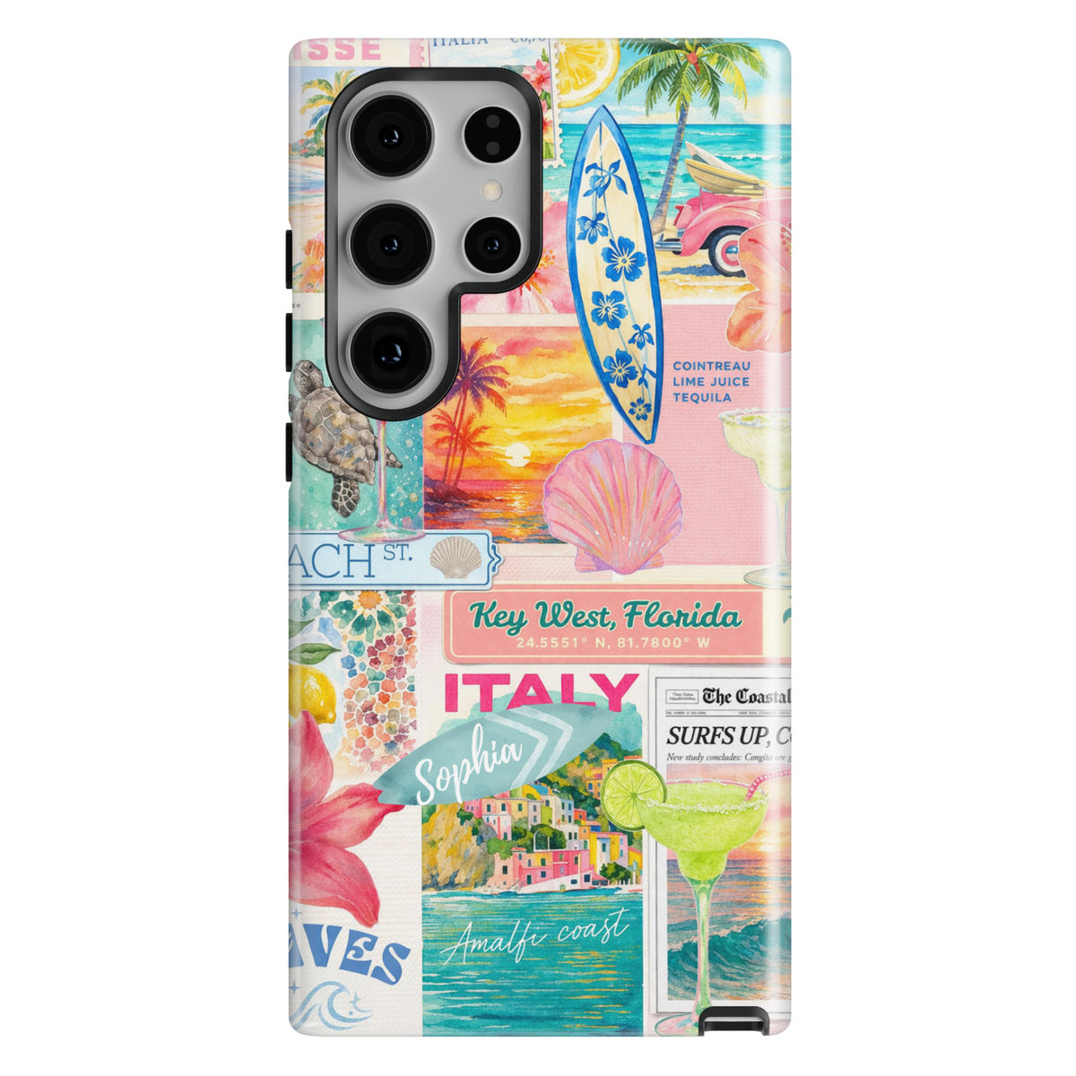 Beach travel collage phone case with Amalfi Coast, Key West, ocean waves, and sunset aesthetic for iPhone 17 Pro Max and Samsung Galaxy S26 Ultra.