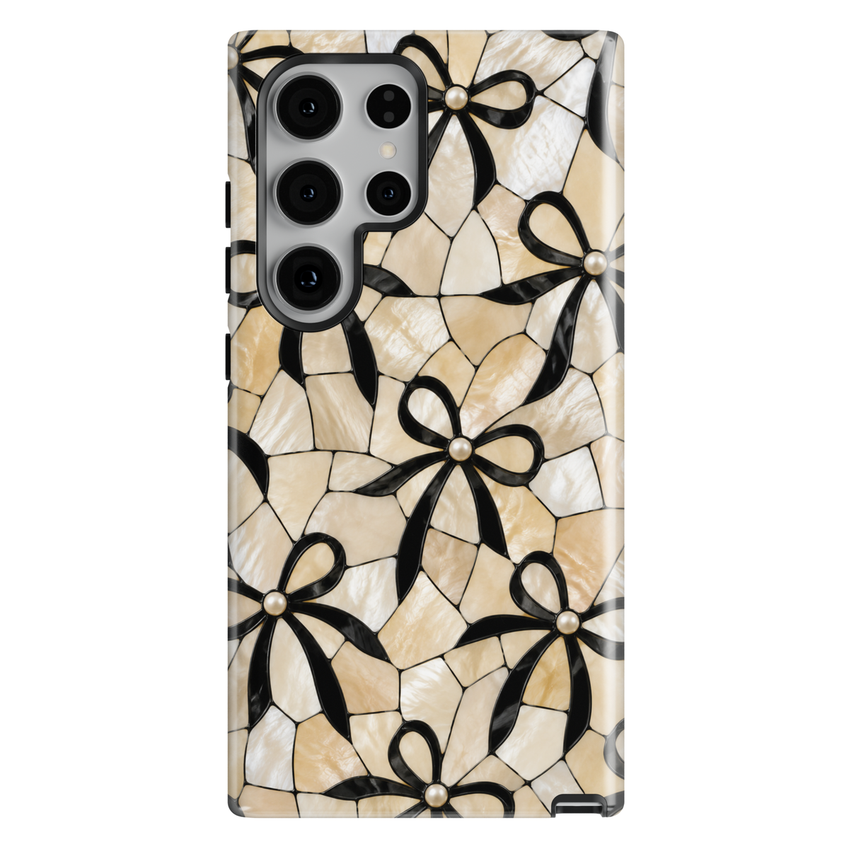 Elegant Samsung Galaxy S26 Ultra case with black bows and pearl details on an ivory mosaic background.