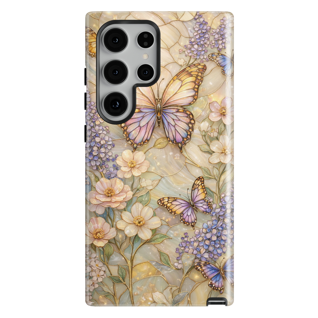 Luxury pastel butterfly phone case with soft floral garden design aesthetic tough cover for iPhone 16 Pro Max and Samsung Galaxy S25 Ultra