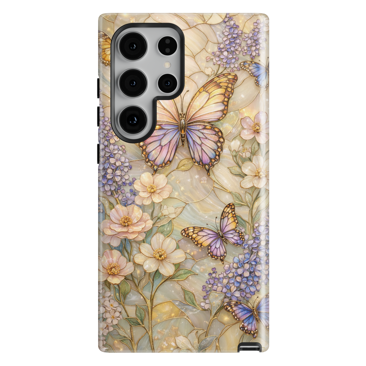 Luxury pastel butterfly phone case with soft floral garden design aesthetic tough cover for iPhone 16 Pro Max and Samsung Galaxy S25 Ultra