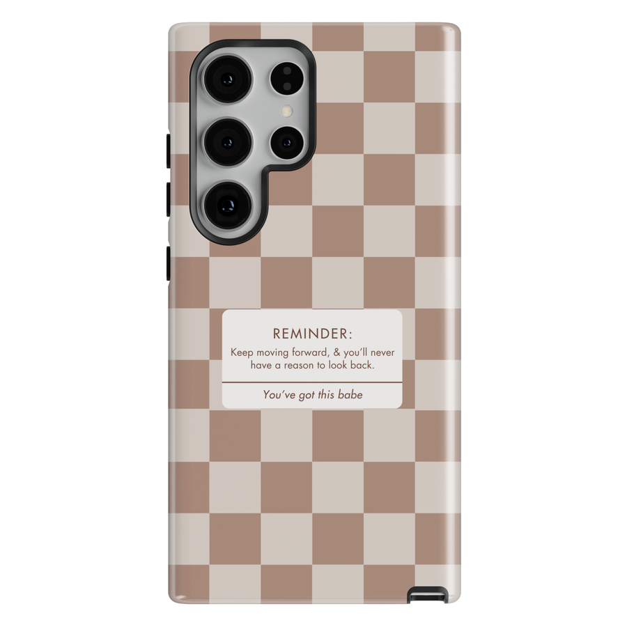 Neutral gingham aesthetic phone case with reminder quote, beige checkered minimalist iPhone 16 Pro Max case, Samsung Galaxy S26 Ultra S25 Ultra glossy protective cover