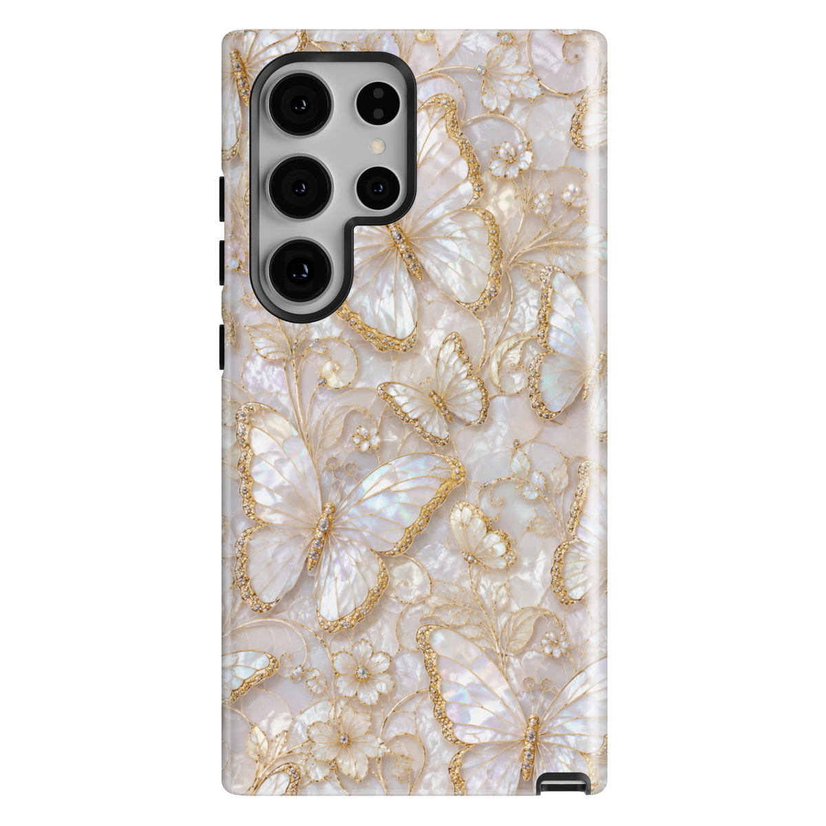 White pearl Samsung Galaxy case featuring elegant gold butterflies, opalescent floral artwork, and luxury feminine aesthetic design.