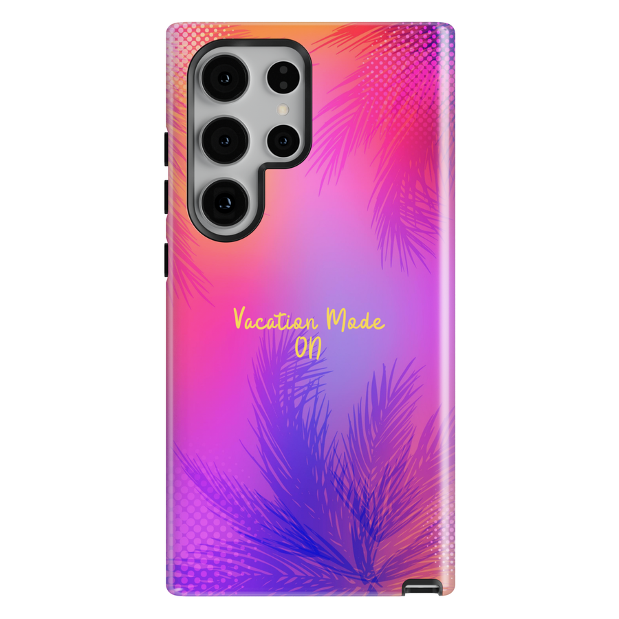 Vacation mode phone case with tropical palm leaves and pink purple sunset gradient for iPhone and Samsung Galaxy protective case summer aesthetic design.
