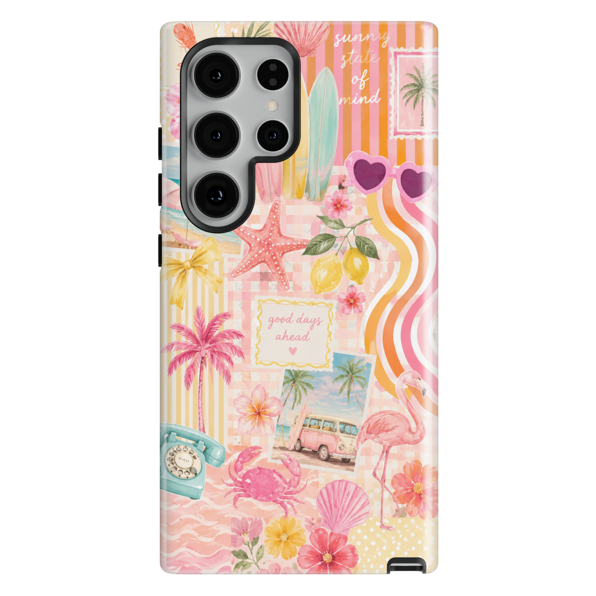 Pastel beach Samsung Galaxy S26 Ultra phone case with flamingos, tropical palms, seashells, and summer vacation aesthetic design.