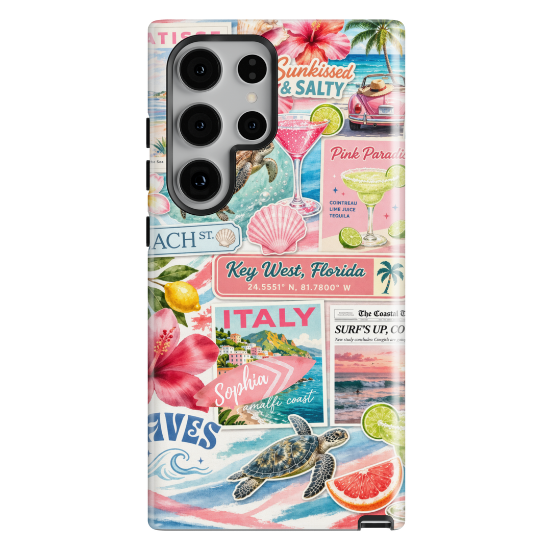 Tropical beach collage phone case with ocean, citrus, and travel aesthetic for iPhone 17 Pro Max and Samsung Galaxy S26 Ultra.