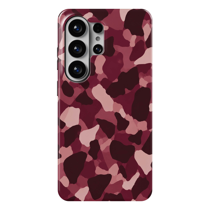 Berry Camo Samsung Galaxy S26 Ultra case featuring an abstract camouflage pattern in deep burgundy, wine red, berry pink, dusty rose and blush, a feminine modern Galaxy S26 Ultra tough phone case with pink camo design for Samsung Galaxy S26, S26 Plus and S26 Ultra.