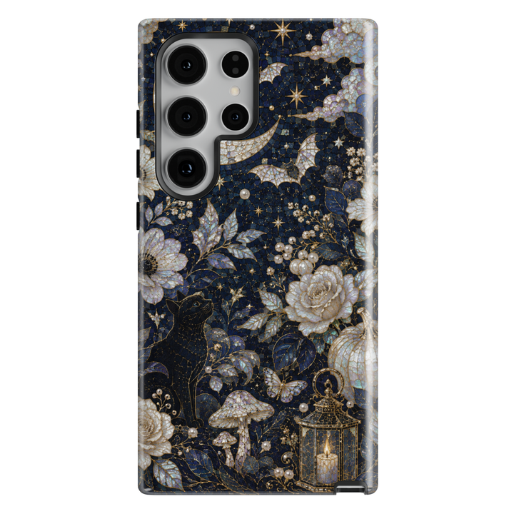 Samsung Galaxy phone case featuring a black cat under a crescent moon with ivory roses, pumpkins, mushrooms, bats, lanterns, and a midnight blue floral Halloween design.