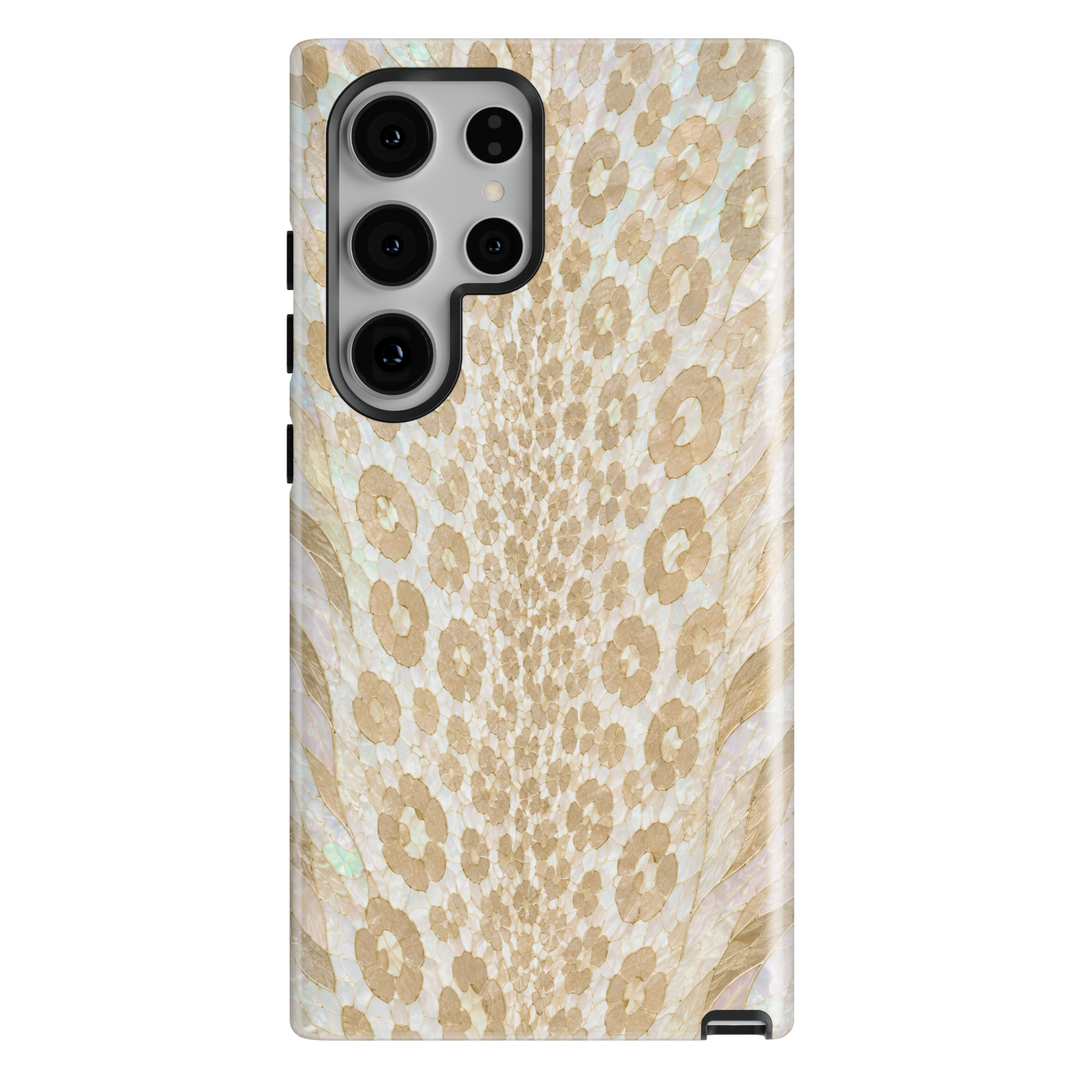 Pearl Snow Leopard Samsung Galaxy case with ivory, cream and champagne beige leopard print in an opal pearl-inspired design.