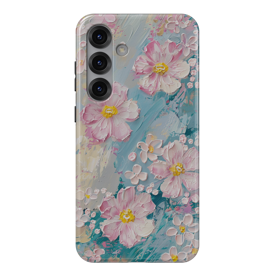 Pastel floral phone case with pink painted blossoms and textured brushstroke background in blue and cream tones