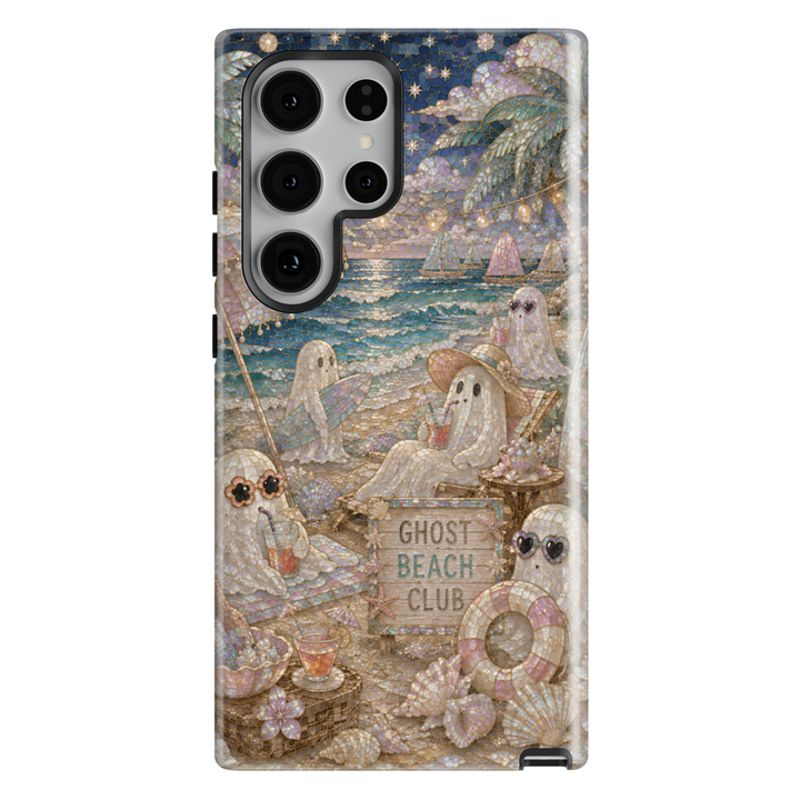 Samsung Galaxy phone case featuring cute ghosts relaxing on a beach with palm trees, surfboards, seashells, sailboats, tropical drinks, and a Ghost Beach Club sign.