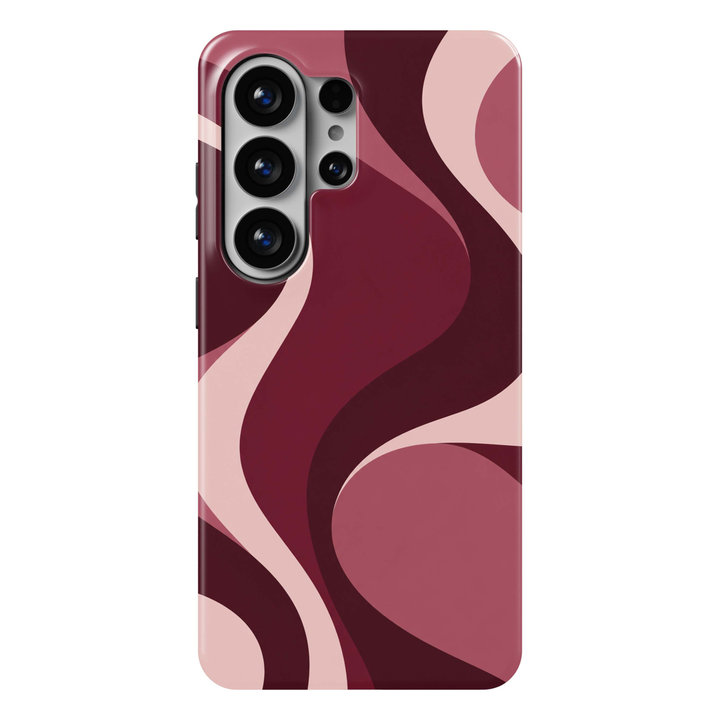 Velvet Motion Samsung Galaxy S26 Ultra case featuring flowing abstract curves in deep burgundy, wine red, dusty rose and blush pink, an elegant retro-inspired Galaxy S26 Ultra tough phone case with wavy design for Samsung Galaxy S26, S26 Plus and S26 Ultra.